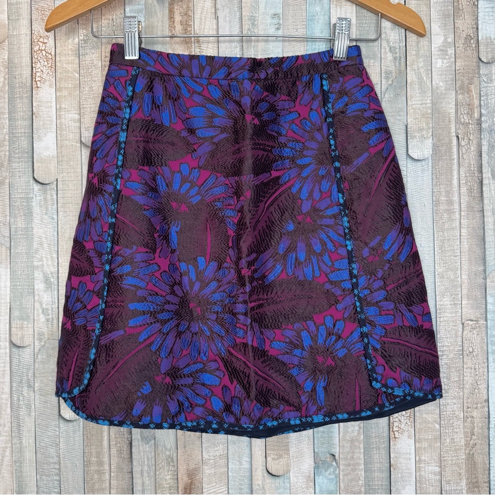 J Crew 0 Piped‎ Jacquard Floral Print Mini Length Skirt Pink Blue Brocade $128